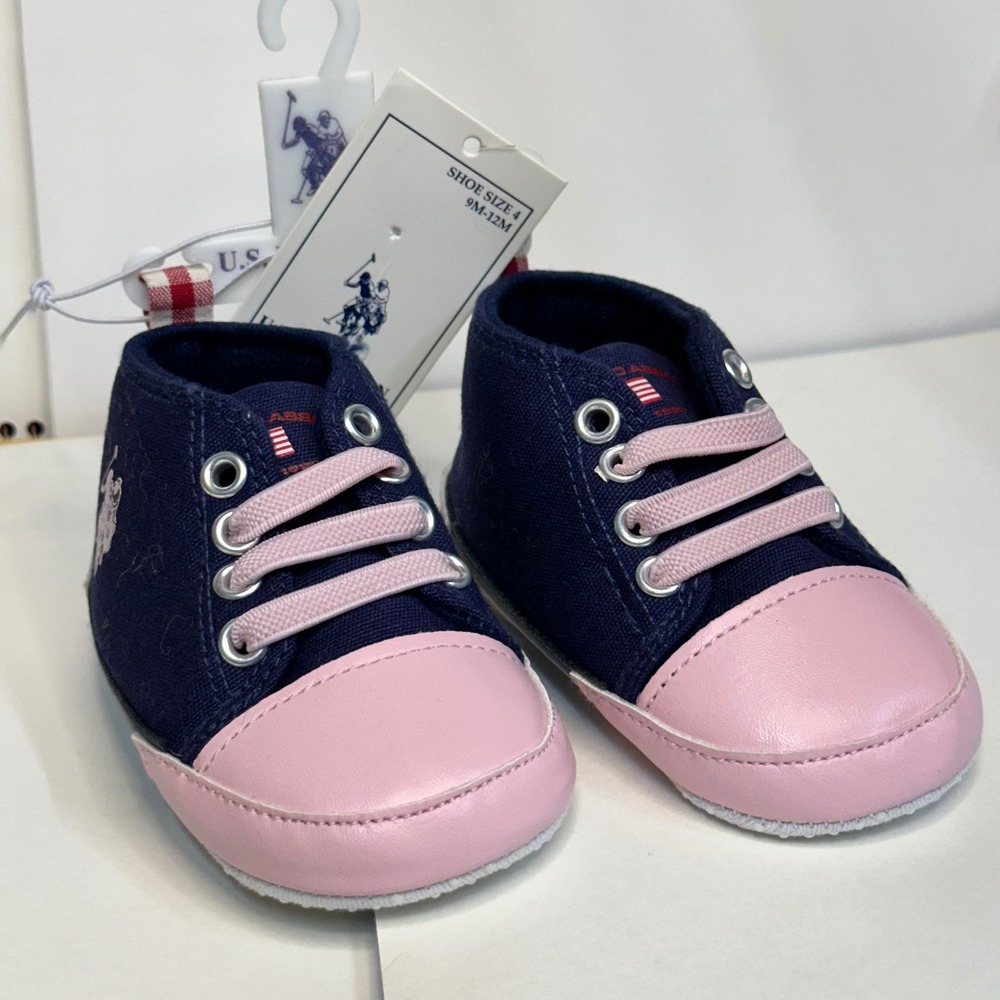 U.S. Polo Assn. Sneakers Girls 4 9M-12M Navy Pink Gingham Excellent